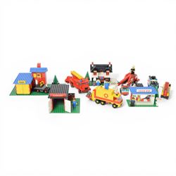 Nine vintage Lego Classic Town vehicles and buildings,  comprising no. 368-1 Taxi  Station...