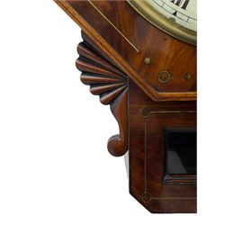 Charles Johnson of Wigan - mid-19th century twin fusee mahogany drop-dial wall clock, with an octagonal dial surround with brass inlay, carved fan ears to the glazed box with pendulum adjustment door, 12