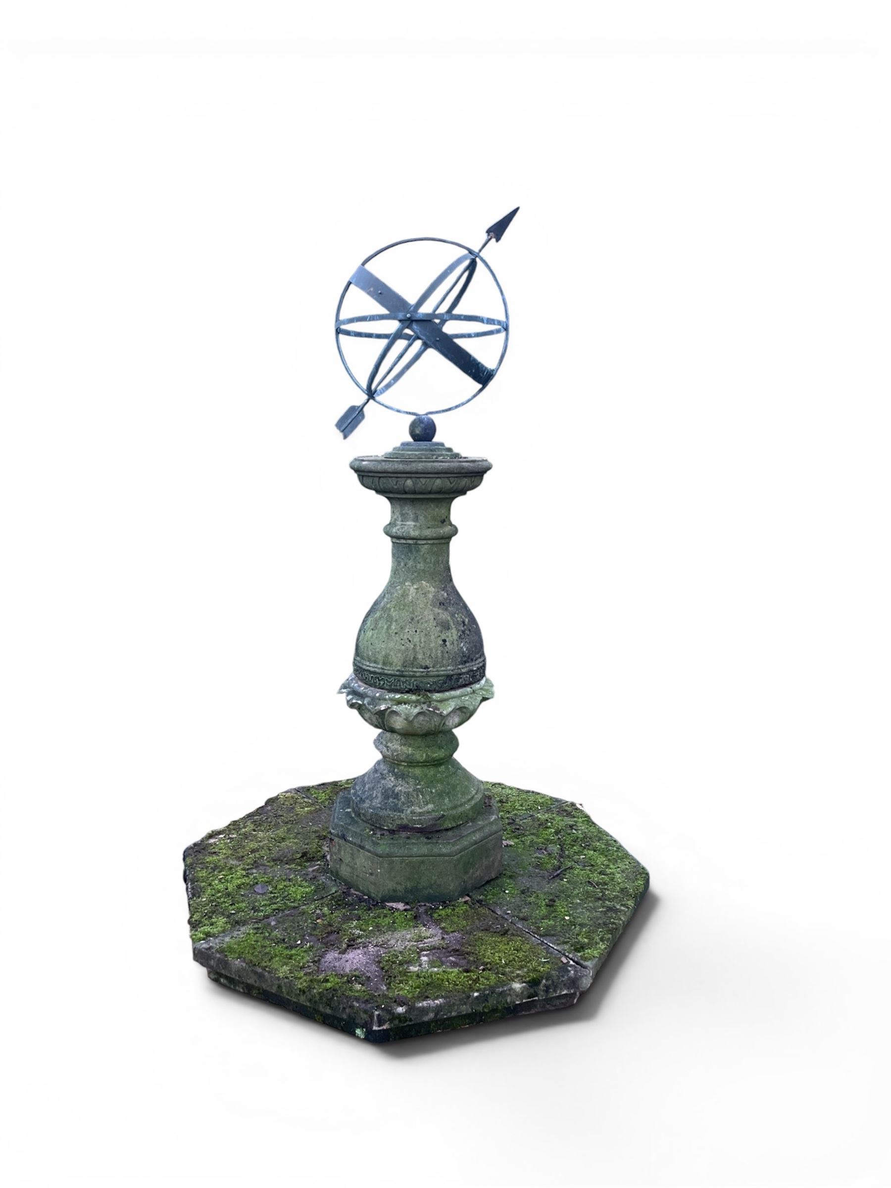 Impressive Haddon stone armillary sundial, raised on column pedestal with octagonal base, seated on weathered sectional plinth, measurements without plinth.
Plinth: 140cm x 140cm