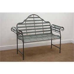  Wrought metal rustic grey garden bench with curved arms and shaped back, W125cm  