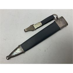 German Paul Weyersberg & Co Solingen DLV flyers dagger with 18cm steel blade, plated brass/tombac downswept cross-piece and pommel and leather covered grip, in leather and plated brass/tombac scabbard with leather hanger strap and silvered knot L35cm overall. Auctioneer's Note: After WWI Germany was forbidden an air force by the Treaty of Versailles however the Deutscher Luftsport-Verband (German Air-sport Association) was formed in March 1933 from various sports flying clubs and had branches for aeroplane, gliding and balloon flying. Under cover of the sporting DLV, many future Luftwaffe pilots trained to fly. DLV was embodied with the NSKK in March 1935 and on 1st March 1937 Luftwaffe was formed.