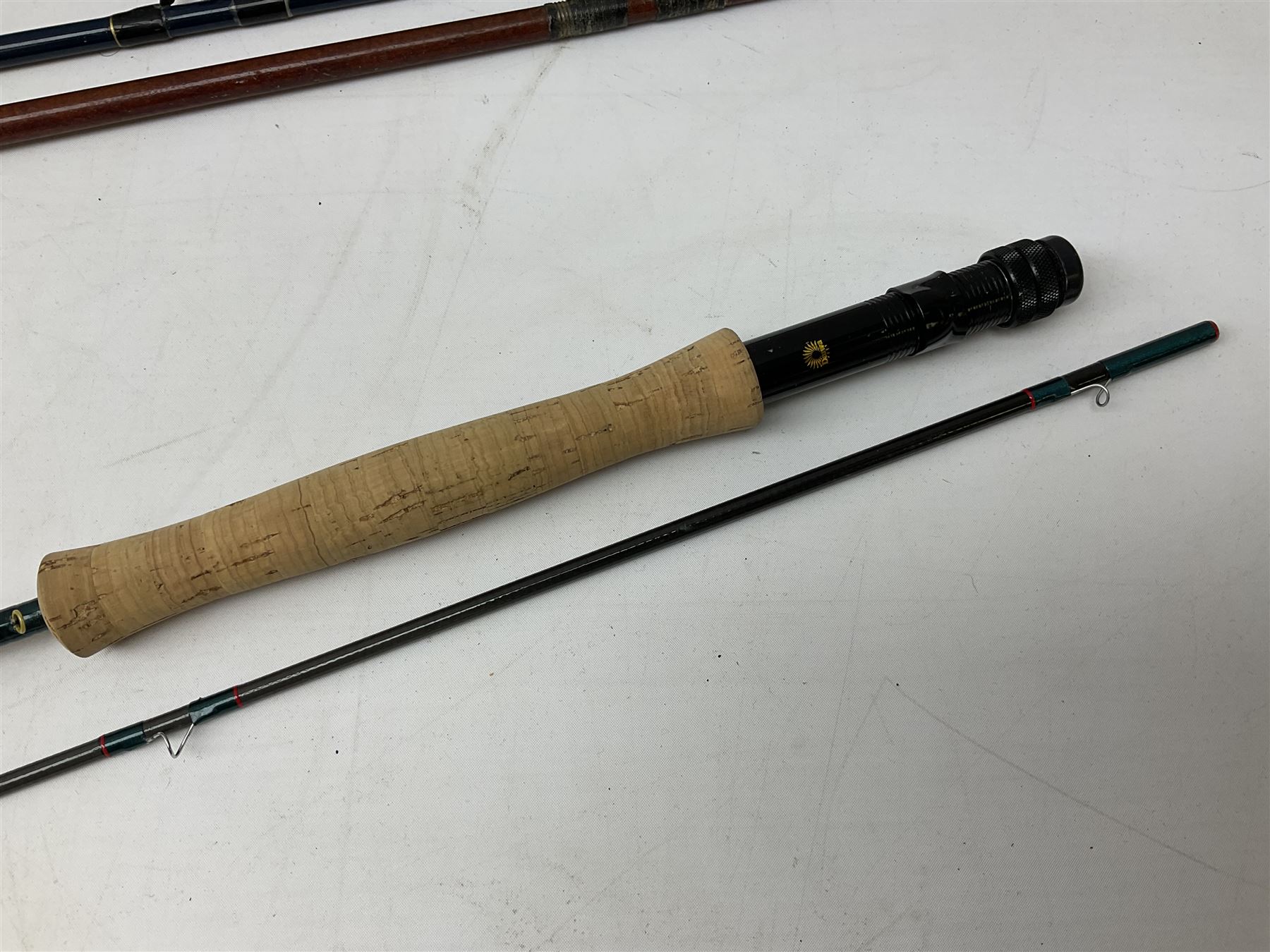 Shakespeare 'Composite Beachcaster 1332-300' 10ft two piece rod with Shakespeare alpha reel, Elastiglas two piece fly rod, Ryobi Masterline carbon fibre 'Pioneer PIF 85 Fly 8' 6