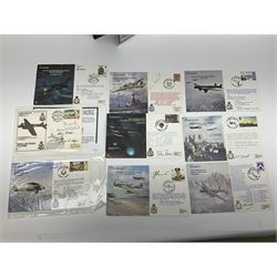 First Day Covers - approx. one hundred flying related and other military FDCs 1970s-2000s, mainly WW2 interest and bearing signatures; British, Channel Islands, Continental, Australia etc; signatures include Vera Lynn, J.H. Lacey, 'Johnnie' Johnson, Barnes Wallis, Bill Reid VC, various other gallantry medal winners, Dam Busters, Battle of Britain, Terence Otway, Leonard Cheshire, Stanford Tuck etc; loose and in a Benham album