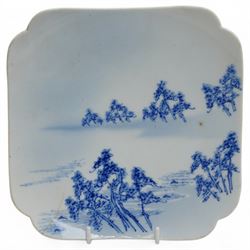 Japanese Edo period hexagonal dish with gilt decoration, Japanese porcelain to include a Seto blue and white dish, of square lobed form, four character mark to base, W18cm, Meiji Fukagawa Koransha imari circular dish on three ball feet, orchid mark to base D23cm, together with a matched pair of 19th century blue and white saucers, D16.5cm (4)