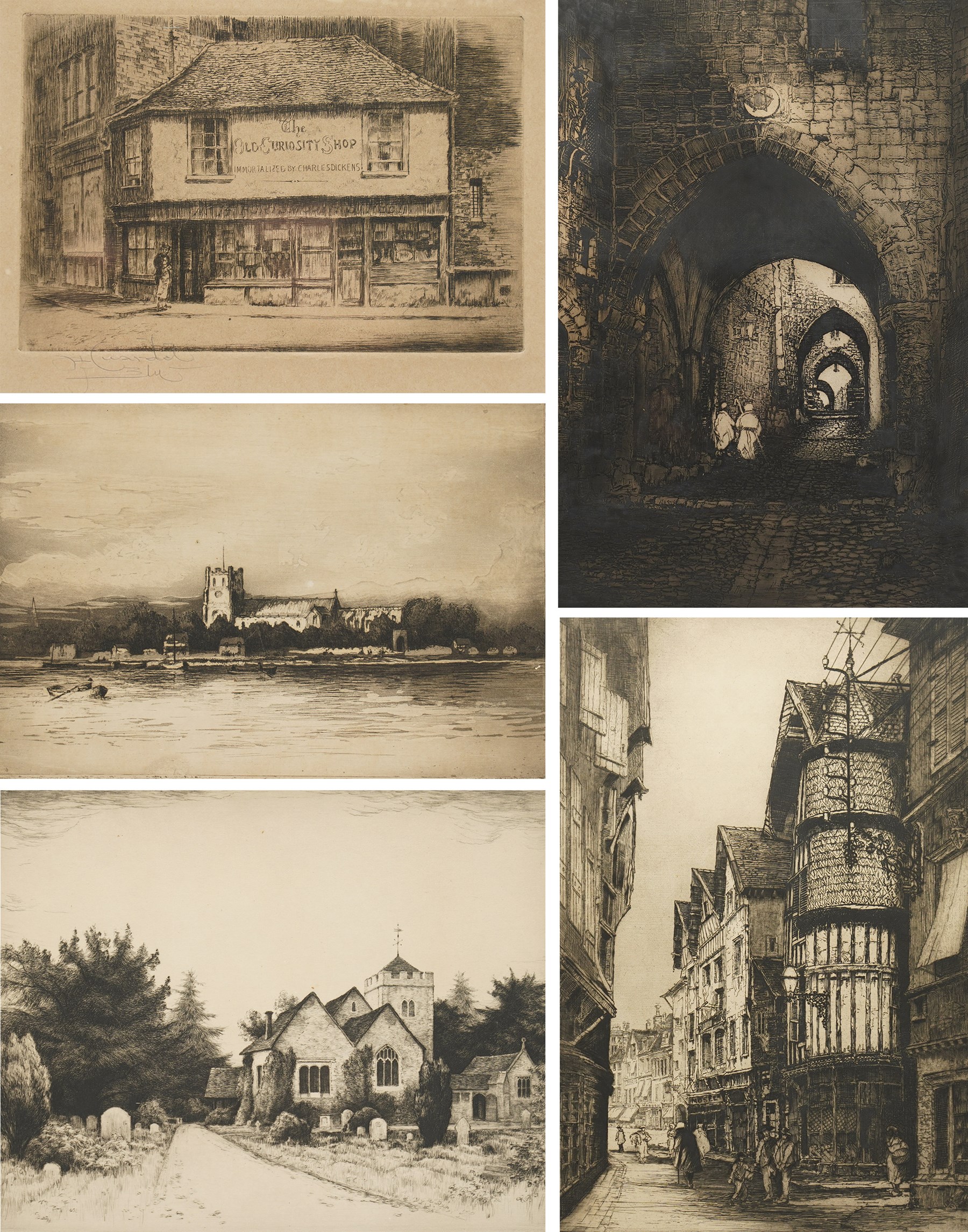 William Renison (Scottish 1893-1938): House of Saint Veronica - Via Dolorosa Jerusalem and French Town Centre; Frank Harding (British fl.1885-1890): 'Christchurch Priory'; John Fullwood (British 1851-1931): Churchyard, and Georges Huardel-Bly (French 1872-?): The Old Curiosity Shop, five monochrome etchings signed in pencil max 44cm x 30cm (5)
