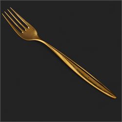 Extensive suite of WMF 800 silver gilt cutlery, for twelve covers, comprising twelve table knives and forks, fish knives and forks, dessert forks, table spoons, dessert spoons, teaspoons, eleven dessert forks and six serving spoons, with crescent moon and crown WMF hallmarks