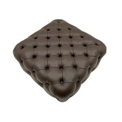 Square footstool, upholstered in brown buttoned leather