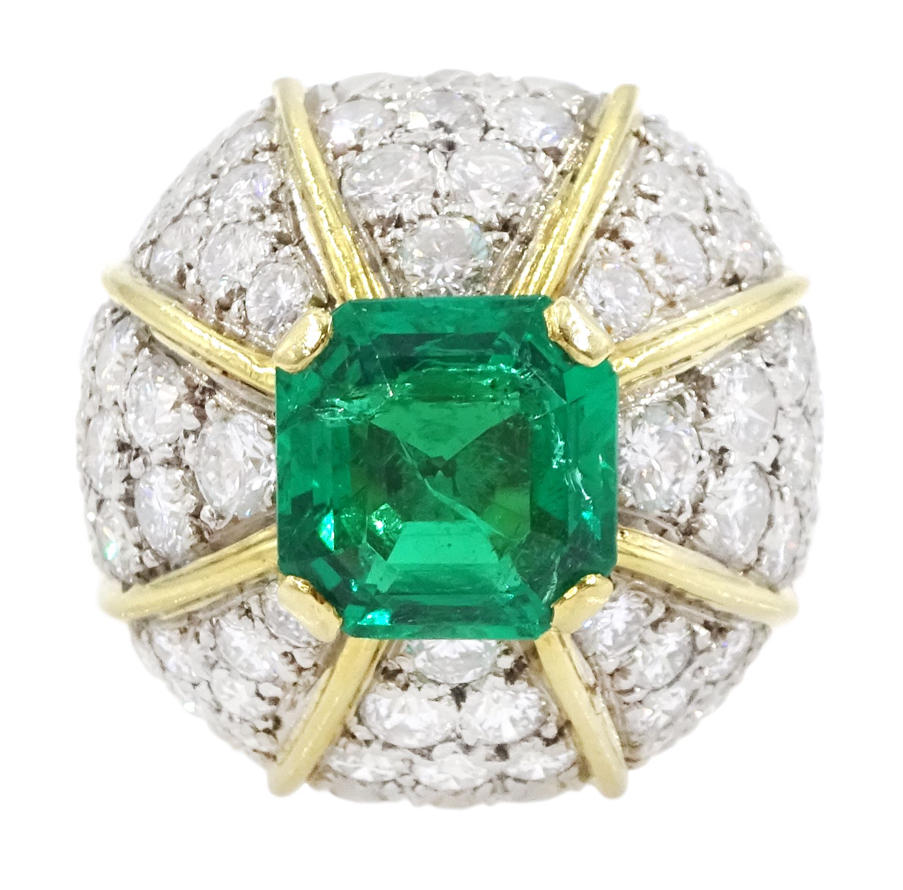 18ct white and yellow gold emerald and diamond dome ring, octagonal cut emerald, surrounded by eight sections of pave set round brilliant cut diamonds, emerald approx 3.65 carat, total diamond weight approx 4.00 carat