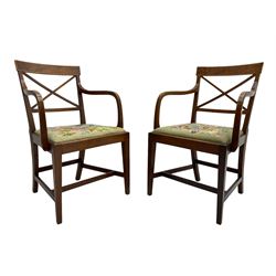 Pair 19th century inlaid mahogany elbow chairs, rectangular cresting rails with satinwood band over x-framed back, needlework drop in seats, on square tapering supports joined by plain stretchers