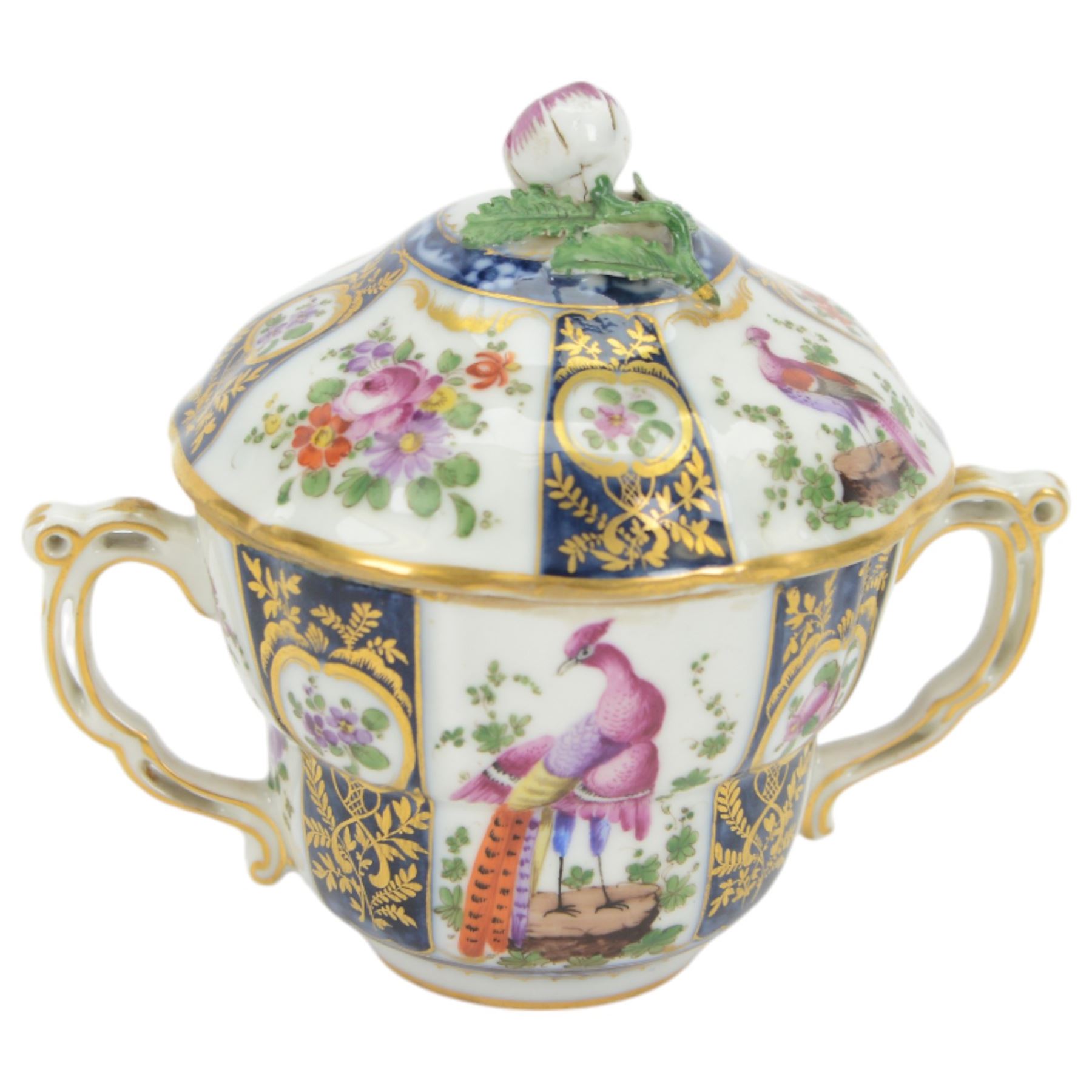 19th century porcelain chocolate cup and cover, decorated in the manner of Worcester with exotic birds, probably Samson Paris 