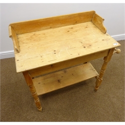  Early 20th century solid pine wash stand, raised back, turned supports, joined by an undertier, W82cm, H83cm, D45cm  