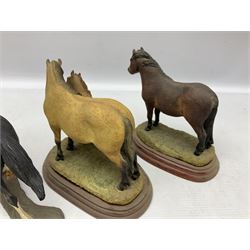 Collection of Border Fine Arts figures, comprising Exmoor Stallion A4058, Highland Mare & Stallion A2691, Welsh Cob A20804, On The Farm A0167, calf figure with bucket and figure group of cow and farmer with cat and kittens (6)