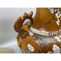 20th century Japanese vase converted to a lamp, the baluster form body decorated with samurai warriors and blossoming branches with twin handles, with wood base and fixtures, with tasselled fabric shade, H56cm excl shade
