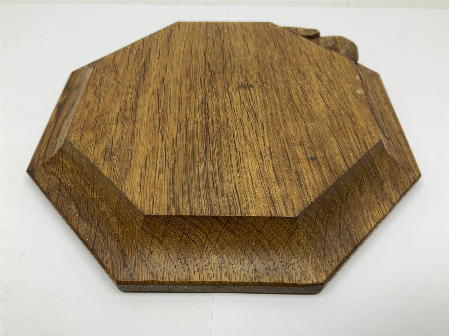 Mouseman - oak octagonal chopping board or teapot stand, moulded edge carved with mouse signature, by the workshop of Robert Thompson, Kilburn