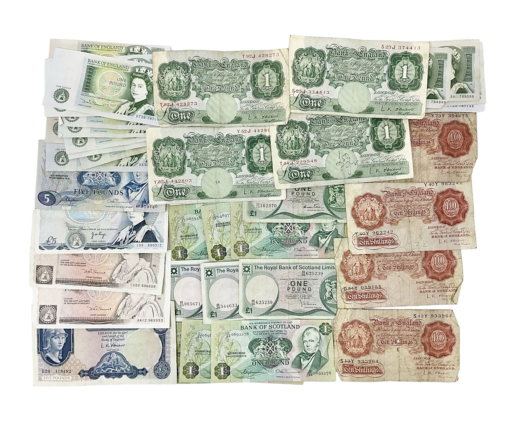 Banknotes including four Bank of England O'Brien one pound notes 'Y52J', 'T44J', 'T92J' and 'S23J', various ten shillings, two Somerset ten pounds 'CU20' and 'AW12', Page one pound notes, Bank of Scotland and other Scottish one pound notes etc