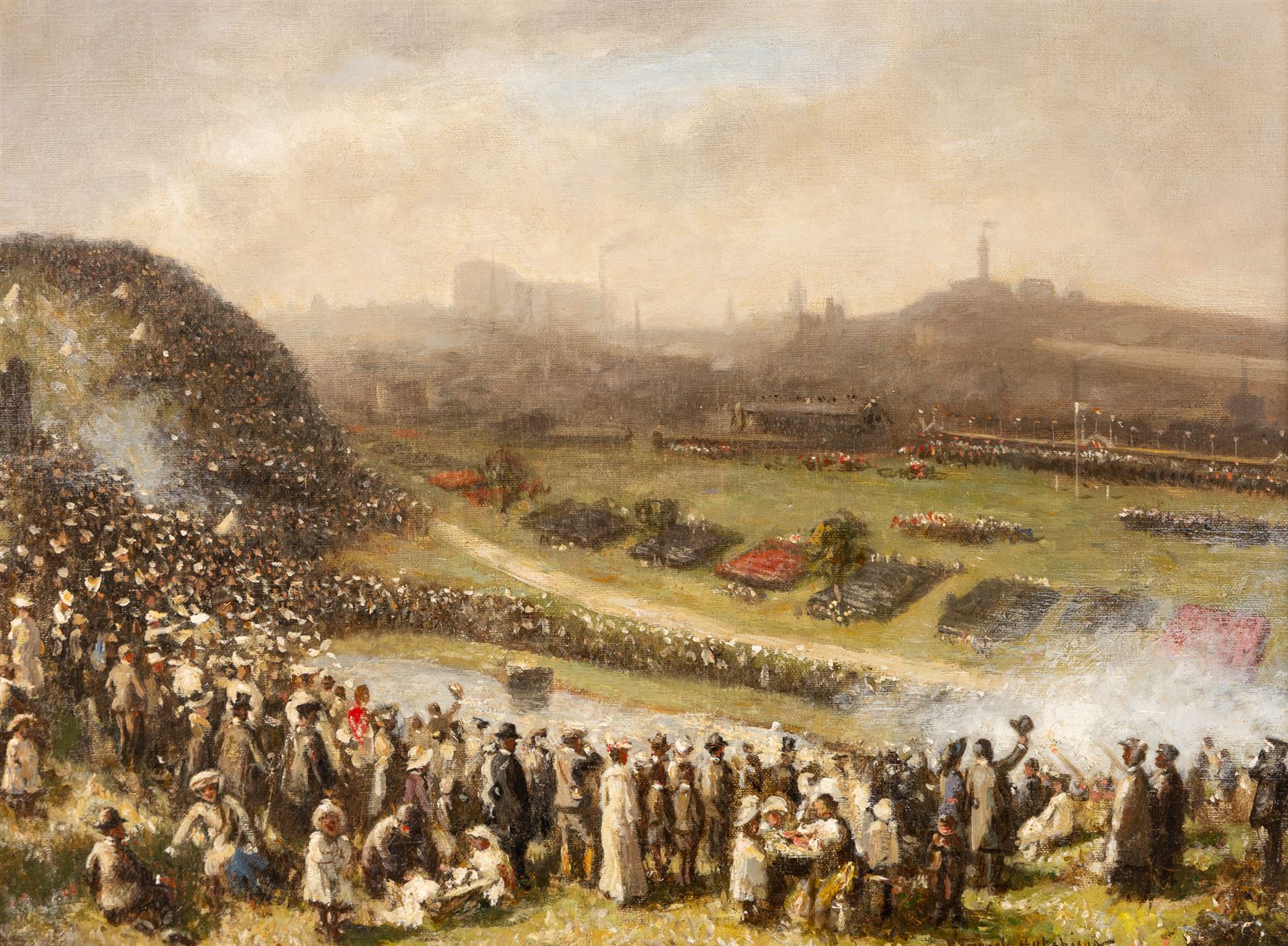 Robert Gemmell Hutchison (British 1855-1936): 'Royal Review Edinburgh - 1905', oil on canvas signed, titled on plaque 36cm x 49cm 
Provenance: private collection, purchased Omell Galleries, London 1990.
Notes: Likely the preparatory oil sketch for the larger version, sold Bonhams Fine Paintings sale, 7th December 2010, Lot 18, for £18,000. 