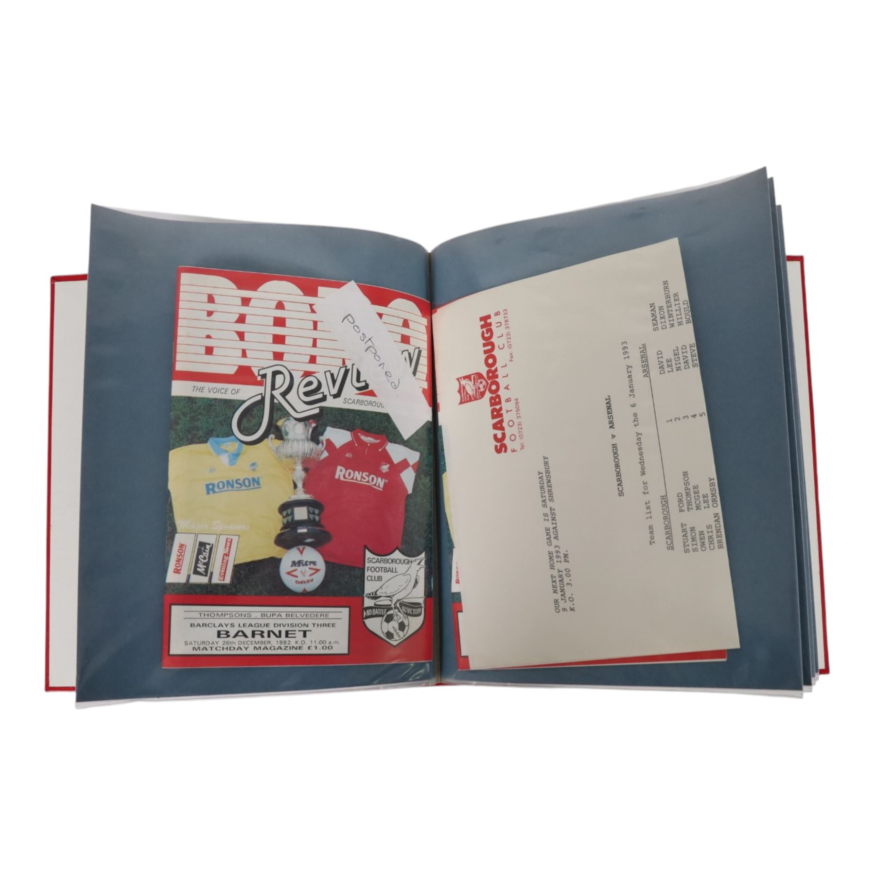 Comprehensive collection of approximately one hundred and seventy Scarborough FC football programmes for the 1990/91, 1991/92 and 1992/93  seasons, all filed within six dedicated Scarborough FC red Home and Away binders