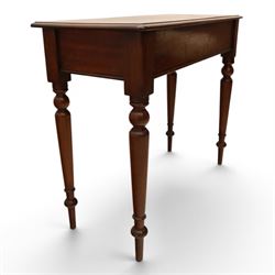 Mahogany living room furniture; mahogany console table and square upholstered mahogany stool, with hidden frieze drawer, raised on turned supports (Stool H 57cm, W 40cm)
