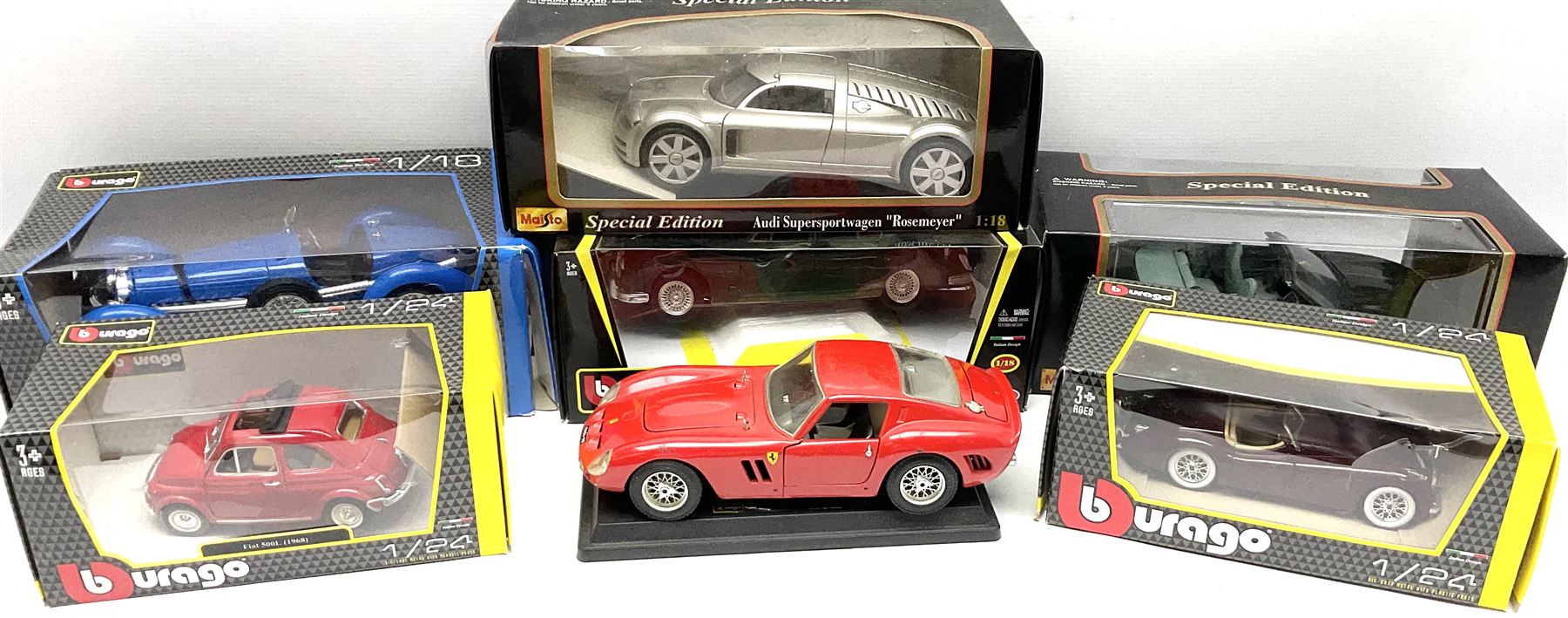 Two Maisto 1:18 scale die-cast models of Jaguar XK8 and Audi Supersportwagen 'Rosemeyer'; both boxed; two Bburago 1:24 scale models and two 1:18 scale of a Jaguar Mark II and Bugatti Type 59; all boxed; and Bburago 1:18 scale Ferrari GTO; unboxed (7) 