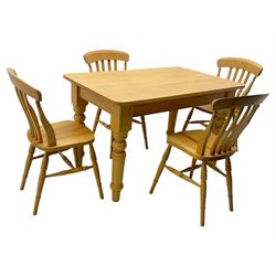 Light wood kitchen table; set of four chairs,  chairs have a shaped top rail over four vertical slats dished seat over turned legs on a H-stretcher 