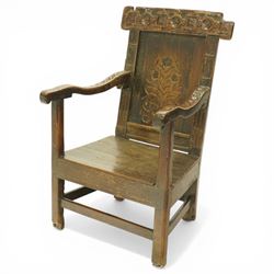 17th century Carolean oak Wainscot chair, the pokerwork cresting rail with carved geometri...