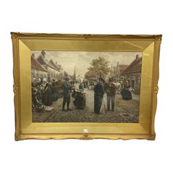 Large gilt framed hand-coloured print of a Dutch town after Henri Houben
