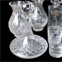 Four glass decanters with three silver labels for gin sherry and whisky, hallmarked Birmingham 1984, together with two Stuart Crystal vases and set of four Galloway glasses