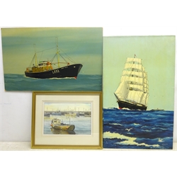 Ken Perry (British 20th century): Bridlington Harbour, watercolour signed, and Alan (British 20th century): Ship's Portraits, two oils on board, one signed and dated 1967, max 68cm x 42cm (3)