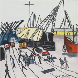 William Findley Burns (Northern British 1949-): 'The Shipyard', oil on canvas signed, titled verso 30cm x 30cm (unframed)