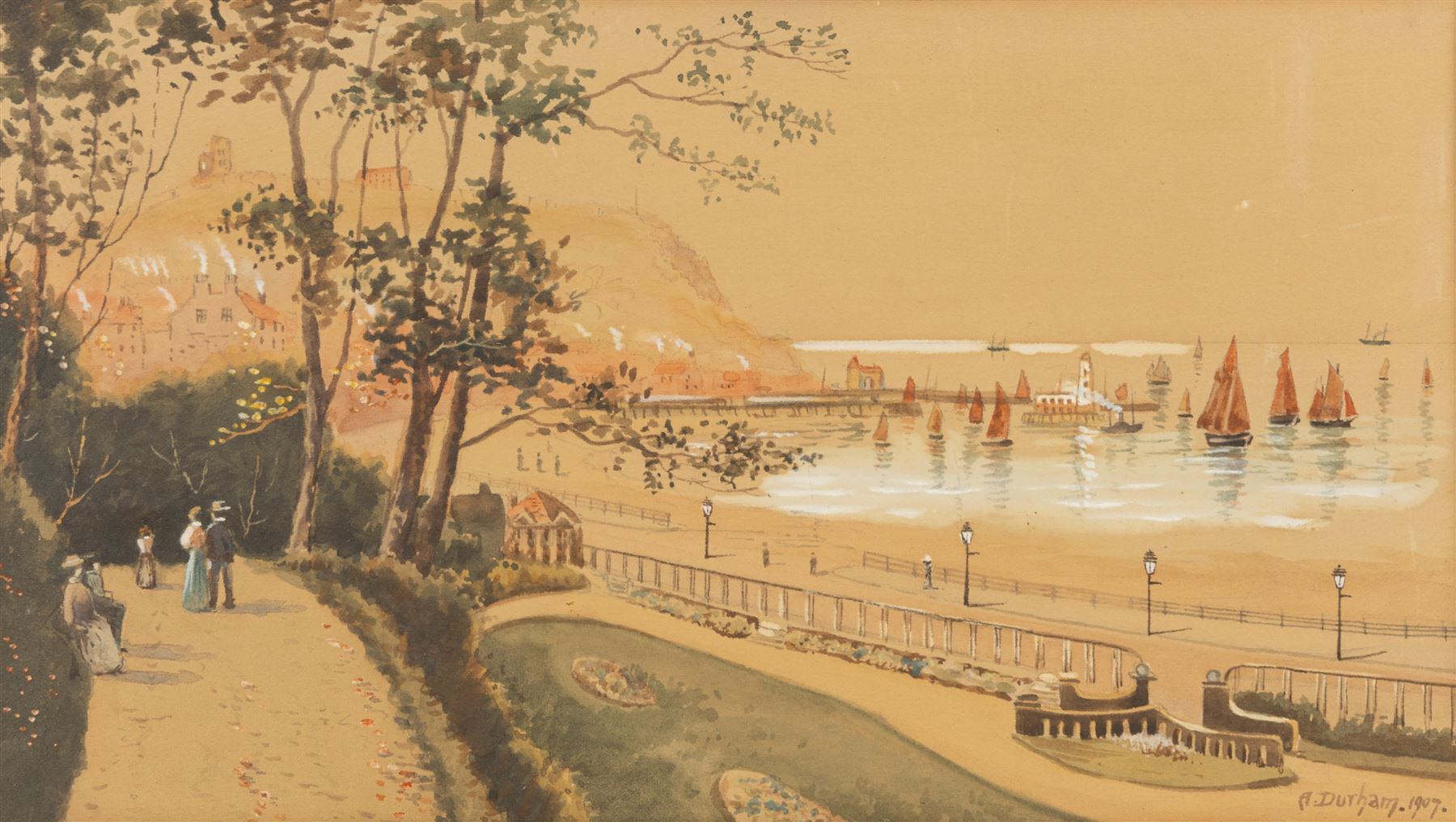 Austin Smith (British fl.1913-1928): Sailboats off Scarborough, pair of watercolours signed; together with Alfred Durham (British 19th century): Coastal Views of Scarborough, set of three watercolours heightened with white signed and one dated 1907 max 18cm x 32cm (5)