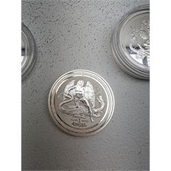 Three Queen Elizabeth II Isle of Man one ounce fine silver coins, comprising 2016, 2018 one angels and 2018 one noble 