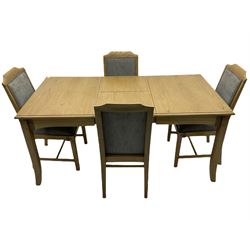 Windsor by Mark Devany oak rectangular extending dining table, with butterfly leaf, and four chairs with upholstered seats and backs