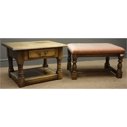  20th century small rectangular oak lamp table, single drawer, turned supports joined by undertier, (W61cm, H41cm, D46cm) and an oak stool, upholstered seat, turned supports.  