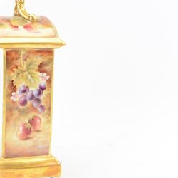 Late 20th century limited edition Royal Worcester mantle clock, hand painted by Jason Bowman with a still life of fruit upon mossy ground, signed J Bowman, with marks beneath including limited edition no 53/200, H27cm, with makers fitted card box 