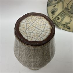 Chinese Ge-type crackle glazed vase and matching dish, together with Ming style plate with figures to the centre, vase H17cm