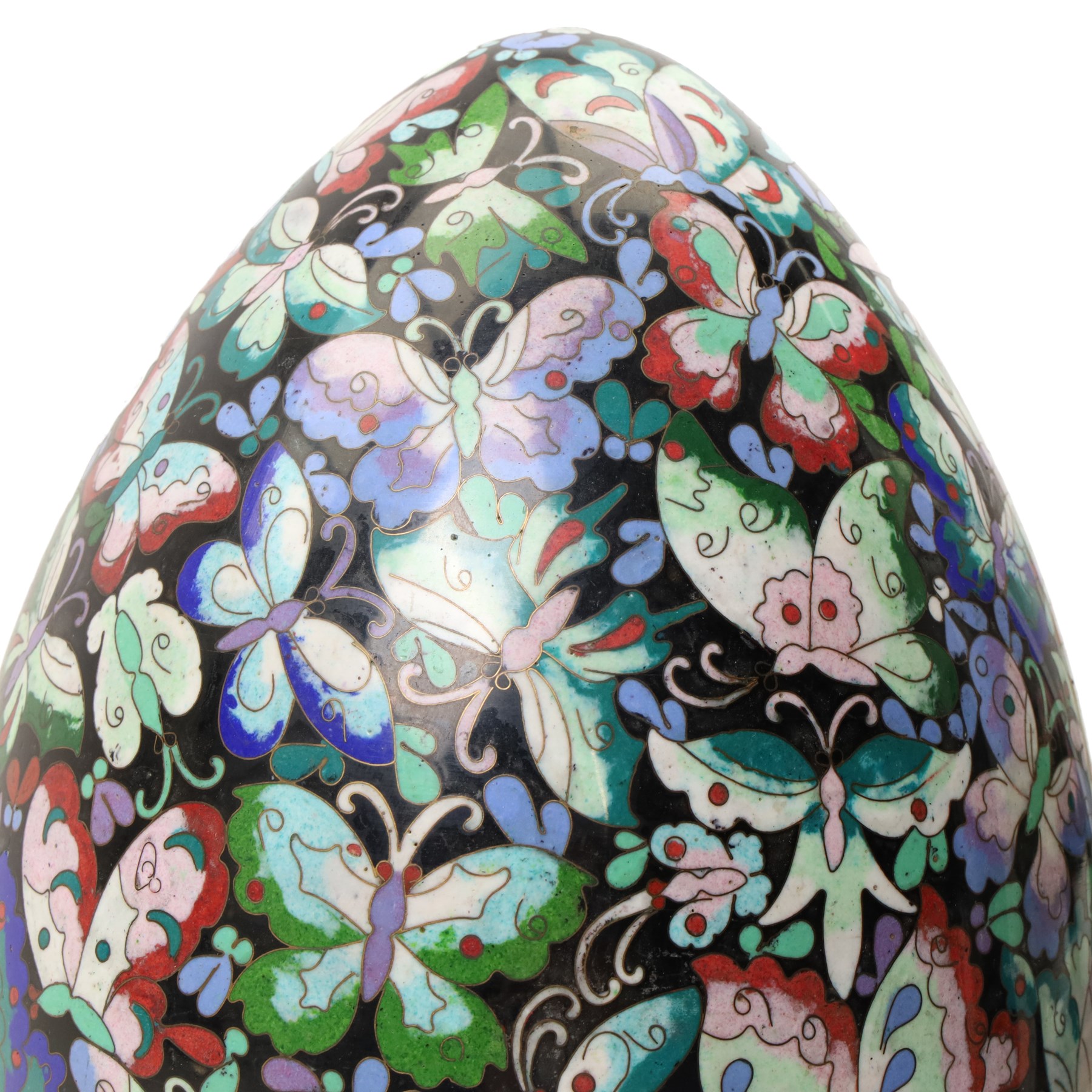 Large 20th century Chinese cloisonné egg with butterfly decoration, on stand, H39cm 