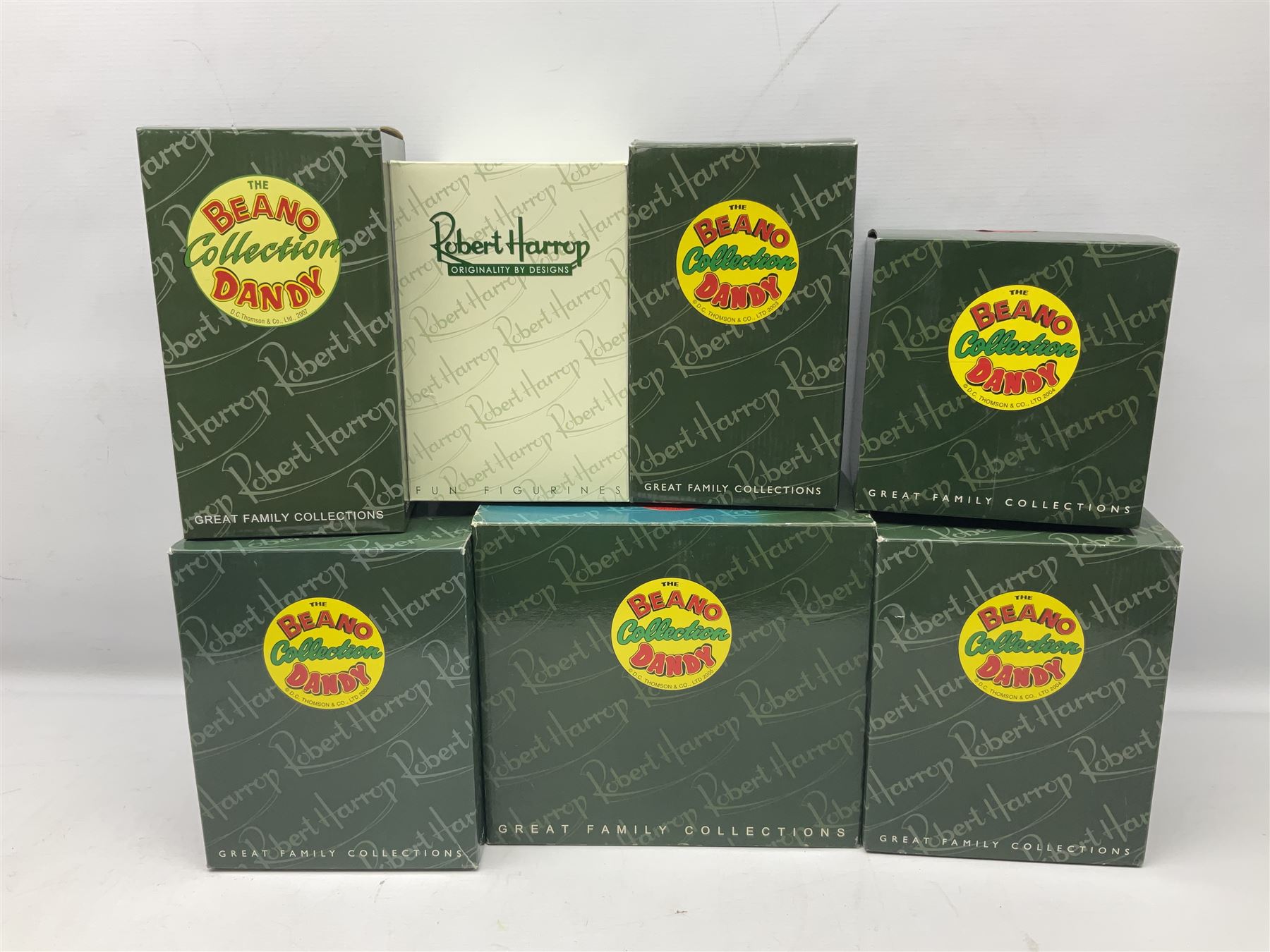 Seven limited edition Robert Harrop figures from the Beano Dandy collection, comprising The Beano Dandy Collection Bash Street Kids 50th Anniversary BSK50, Roger the Dodger's Dad You'd Better Be in There Roger!, two Desperate Dan Safe Cracker BDS13, The Beano Book Front Cover 1959 BDFC03, The Beano Book Front Cover 1973 BDFC01, some first editions, and Beano, Dandy Christmas 2013 The Beano Book 1975 The 10th Day of Christmas, no 137/200, BDCS13, all with boxes