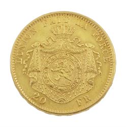 Belgian Leopold II 1870 gold twenty francs coin