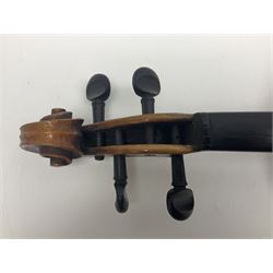 German violin c1900 for re-assembly with 36cm two-piece maple back and ribs and spruce top; L59cm; in ebonised wooden 'coffin' case with two bows