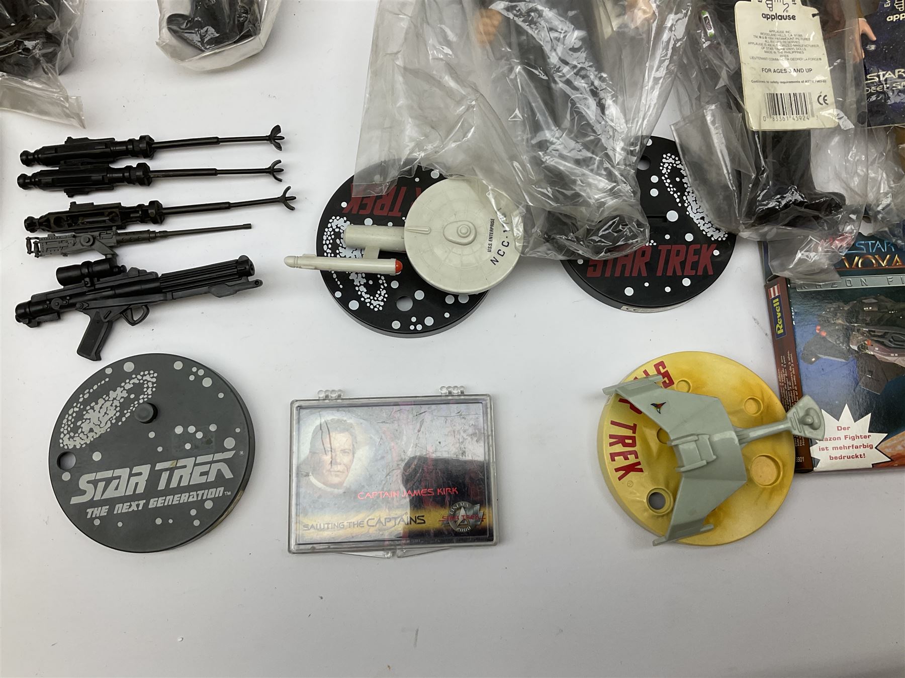 Quantity of Star Trek memorabilia and promotional merchandise including action figures, calendars, mobile kit, collector's fact cards, models etc; many in original packaging