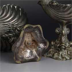 Pair of Victorian silver plated comports, with clam shell bowls supported by three dolphins upon a rocky base, H12cm