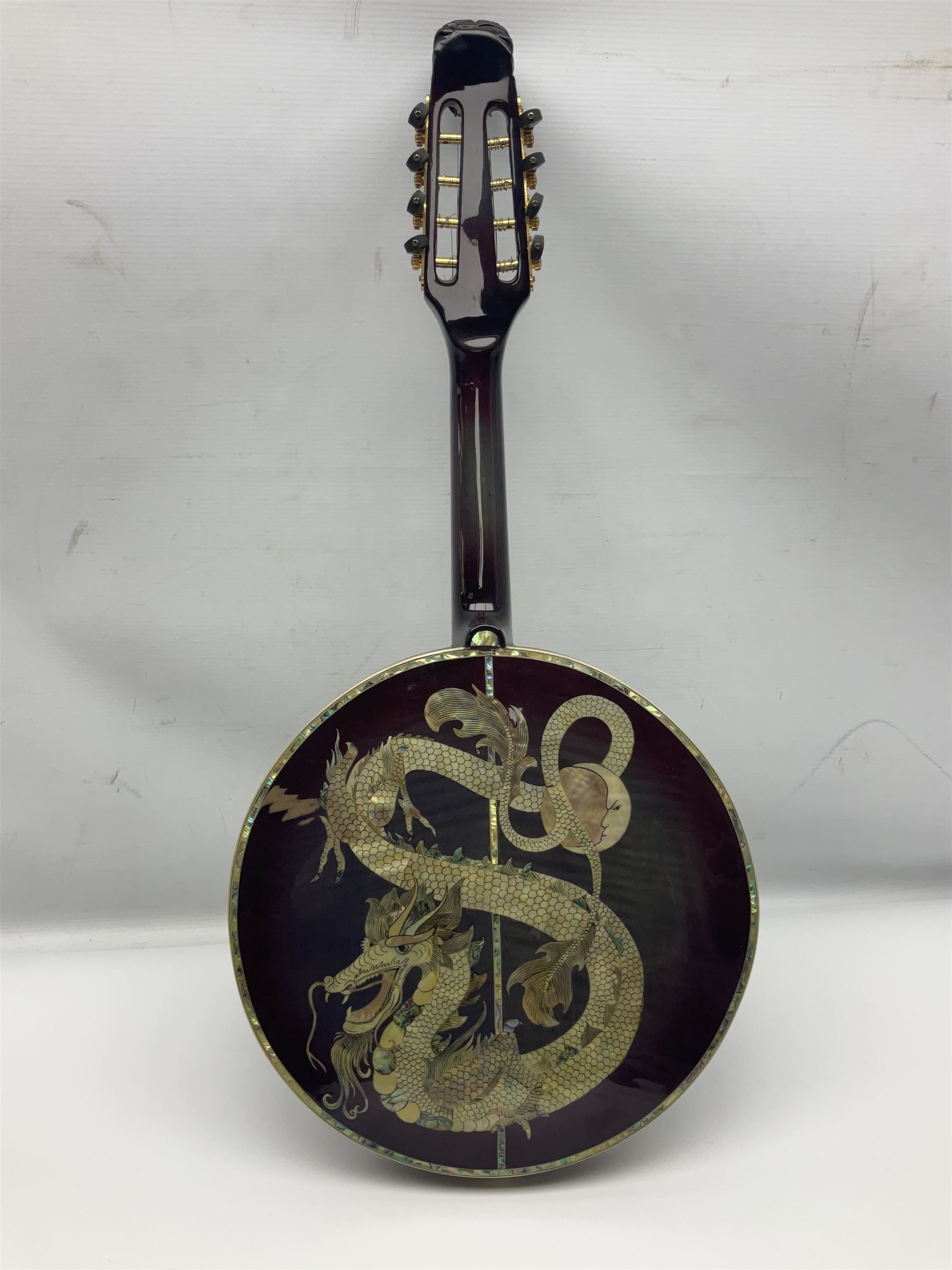Chinese F-hole eight-string mandolin with sunburst finish, mother-of-pearl inlay of dragons chasing the flaming pearl and dragon carved headstock L71cm