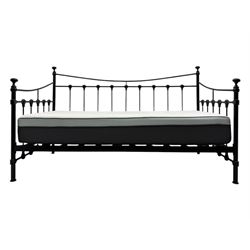 Contemporary Victorian revival black metal day bed, featuring arched back and sides with turned finials and spindle rails, complete with single 'OTTO' mattress