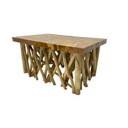 Rustic hardwood coffee table, rectangular top formed of cross sections, raised on driftwood finish multi-branch base 