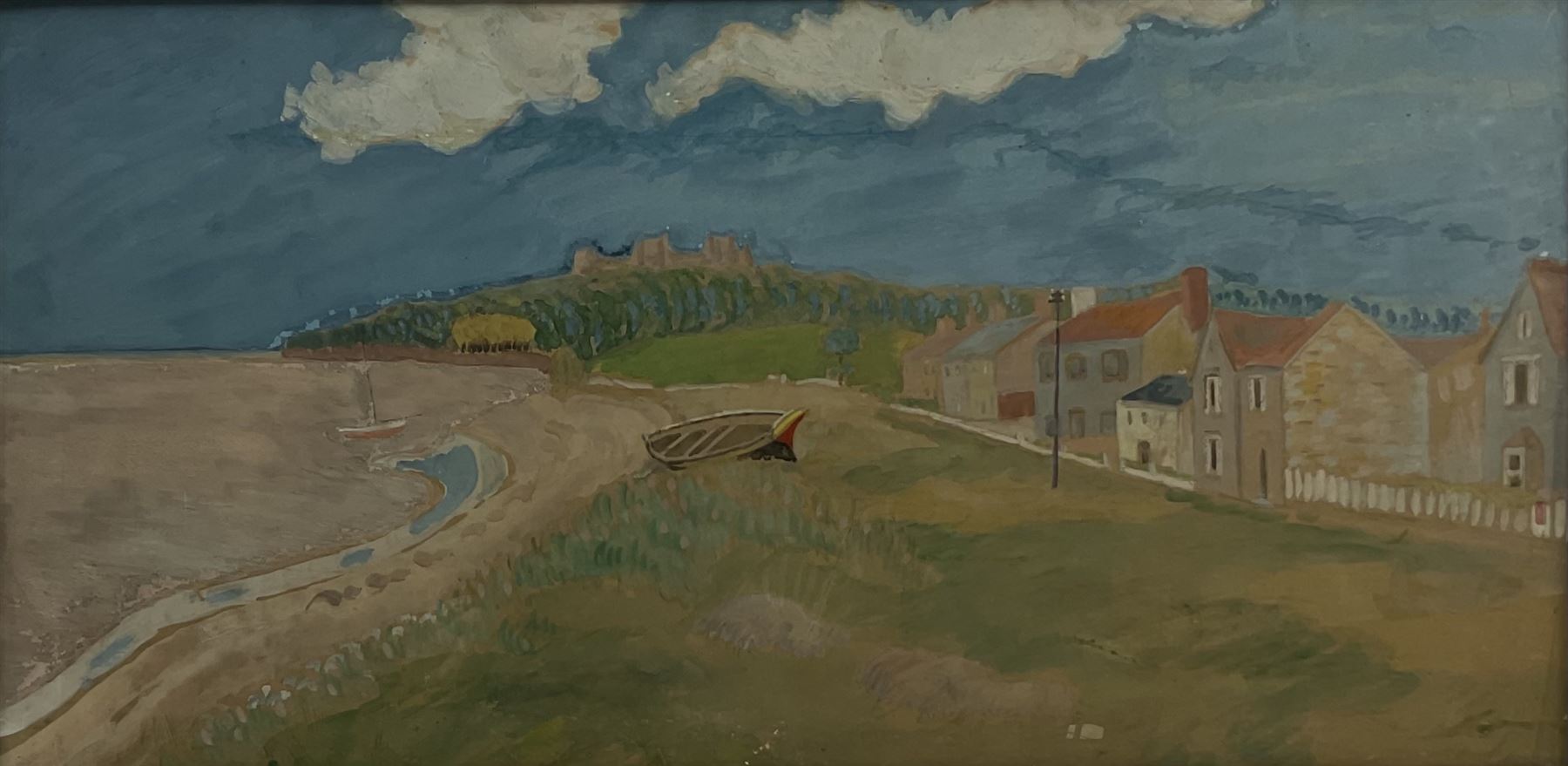 Enslin Hercules Du Plessis (South African 1894-1978): 'Llansteffan Castle' South Wales, watercolour and gouache unsigned, inscribed and titled verso 39cm x 79cm
Provenance: formally the property of Shell-Mex and BP Ltd, labelled verso
Notes: Enslin Du Plessis was born in Standerton, Transvaal. He became a journalist in the years before the first world war. Du Plessis settled in London in 1922. He began painting seriously in 1928, but never received formal training. He became a well known painter in London, and exhibited with the New Group on occasional visits to South Africa after 1938. Enslin Du Plessis was awarded the SA Academy medal of honour for painting in 1972.
