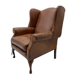 Laura Ashley - wingback armchair, upholstered in brown leather, on cabriole front feet