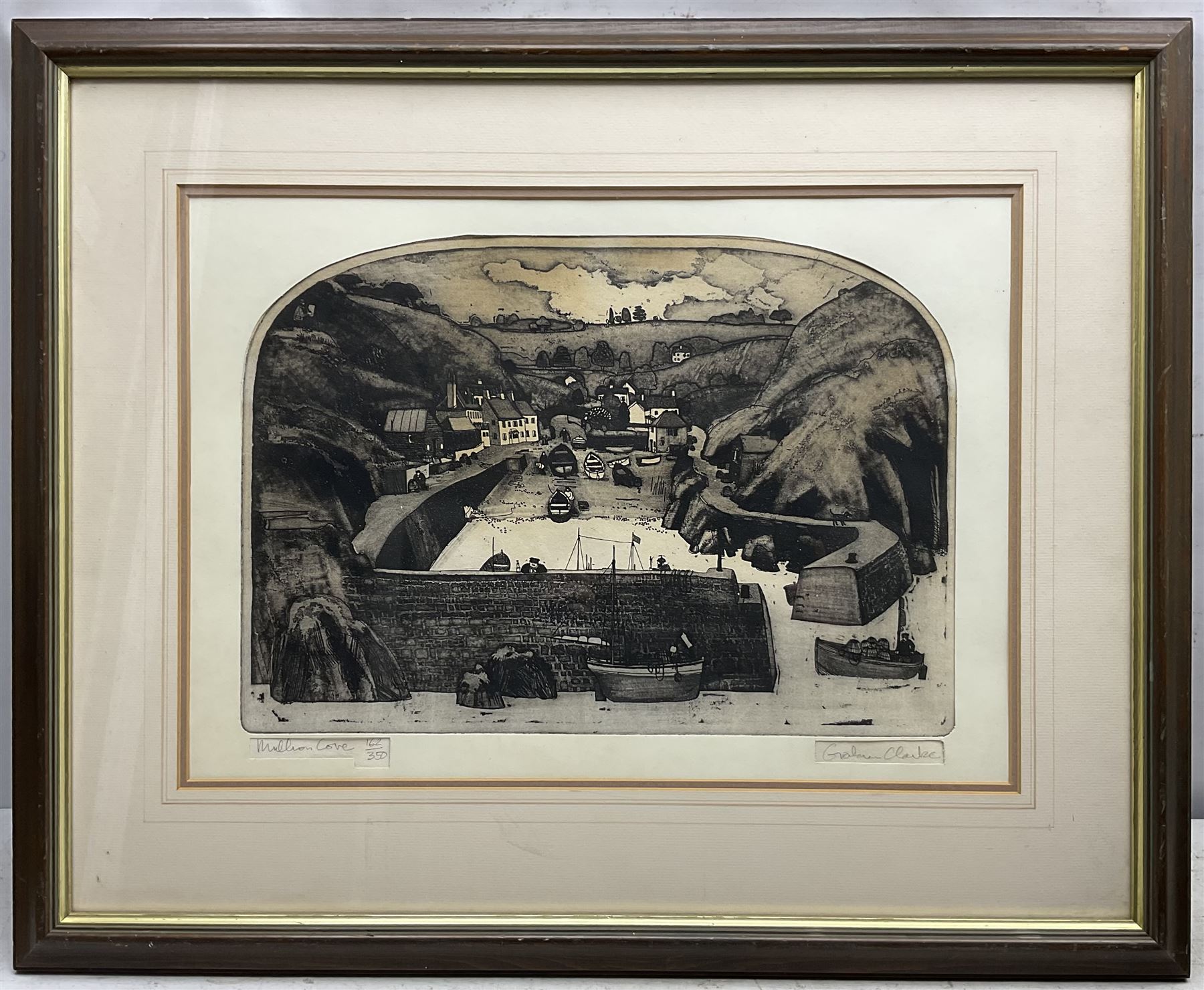 Graham Clarke (British 1941 - ): 'Mullion Cove', limited edition monochrome etching signed titled and numbered 162/350 in pencil image 28cm x 41cm