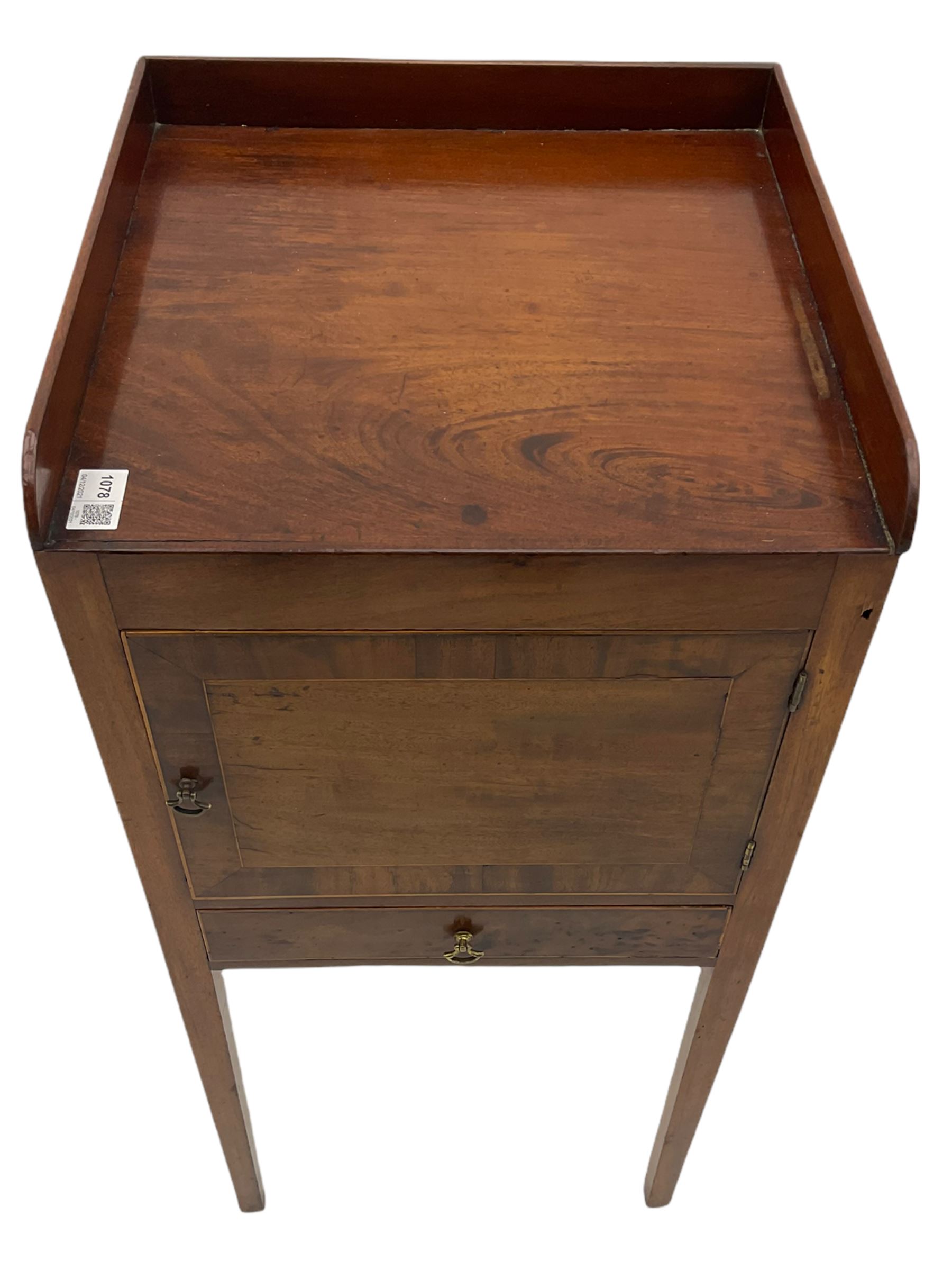 Early 19th century mahogany bedside pot cupboard, raised gallery back, enclosed by single door with band above single drawer, square supports
