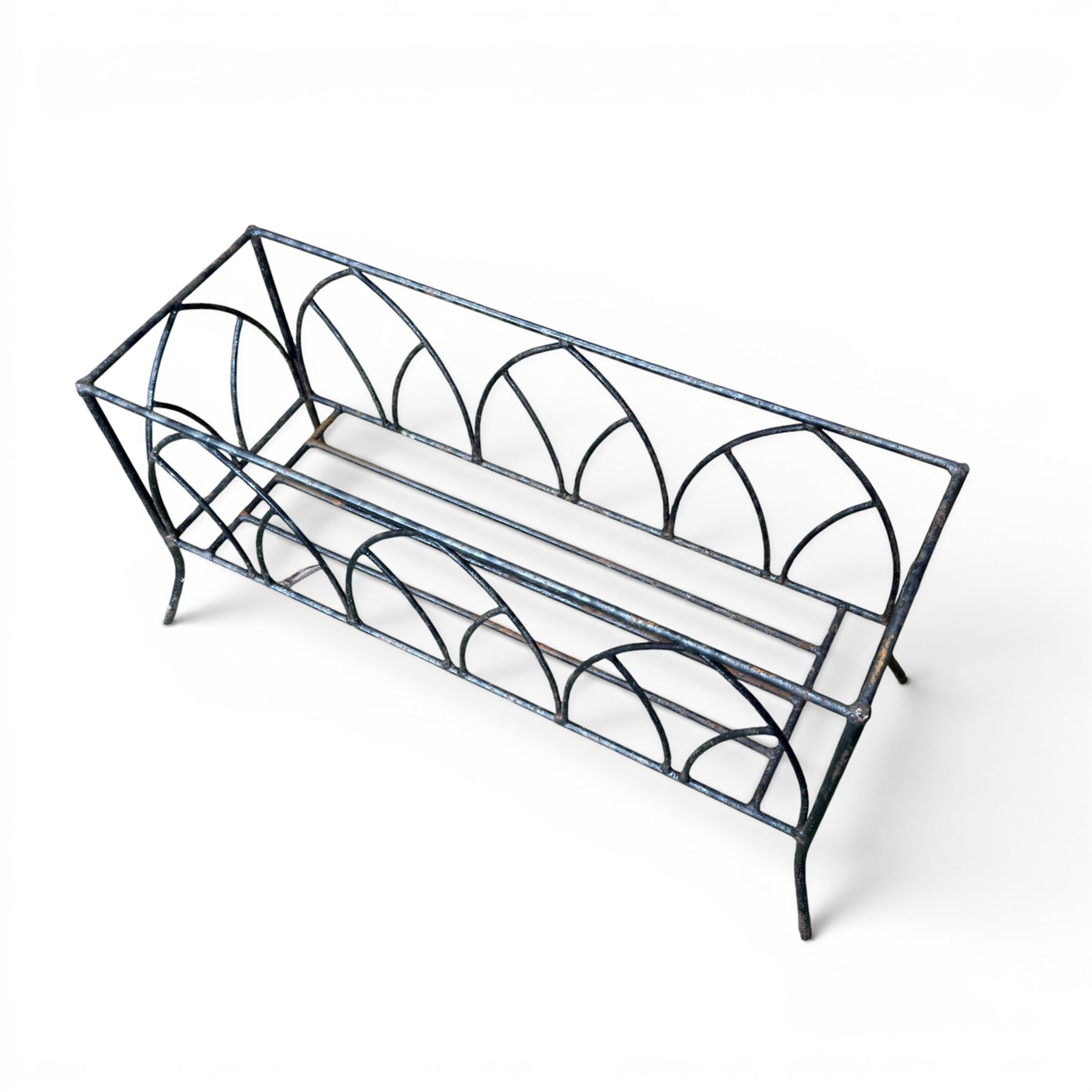 Wrought iron rectangular garden planter, gothic arch detail