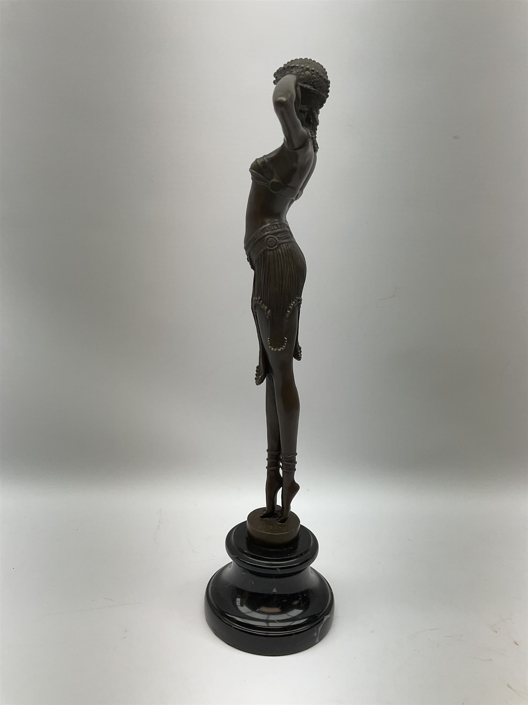 Art Deco style bronze figure of a dancer, after 'Berrard', raised upon a circular base, with foundry mark, H49cm
